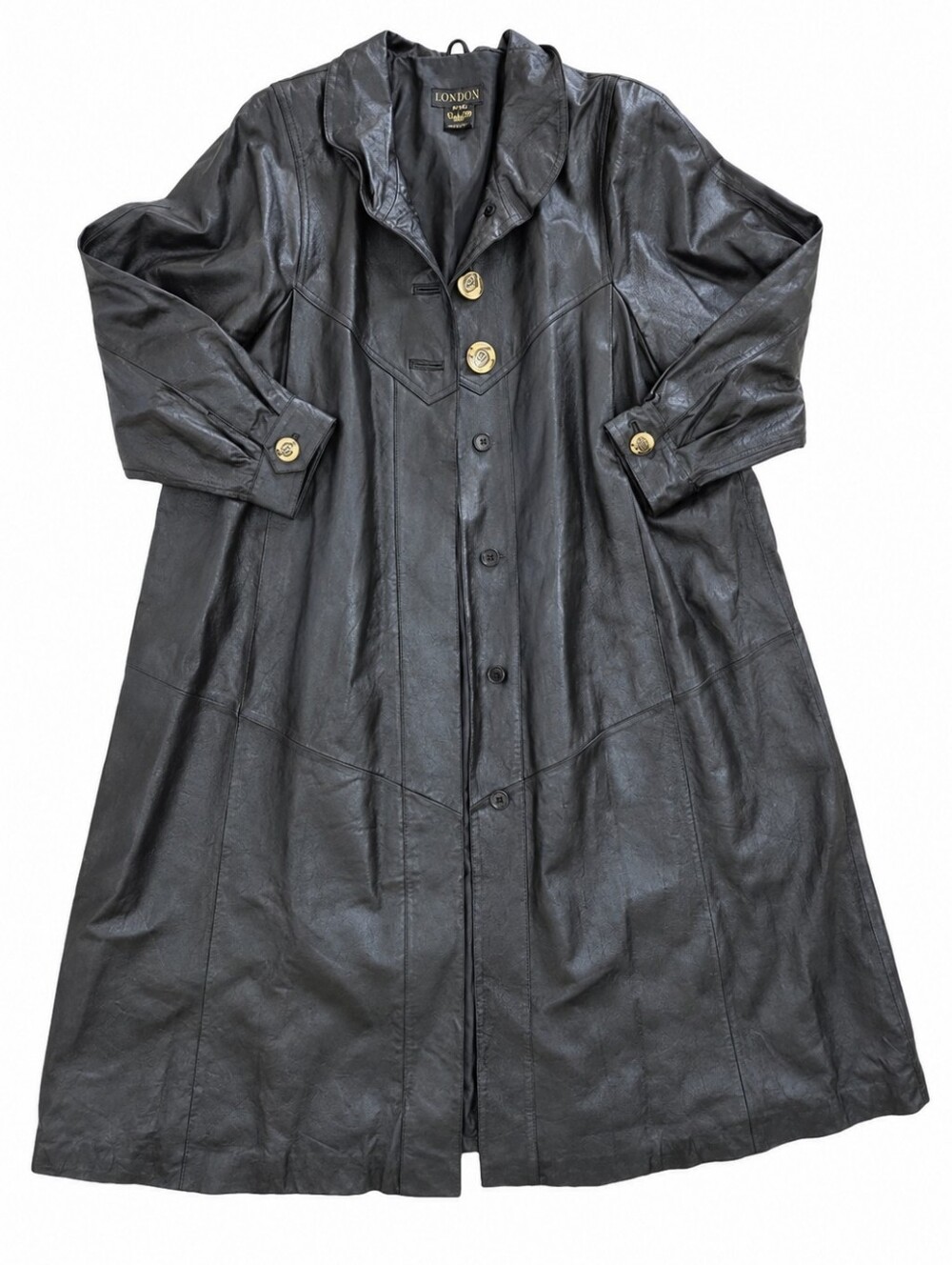 VTG Komitor Black leather button down trench coat size 2X